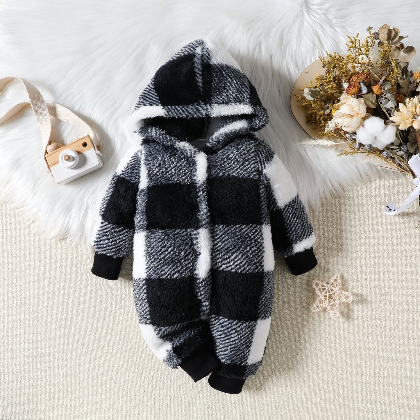 Cozy Baby Plaid Hooded One-Piece Winter Clothing Jumpsuit
