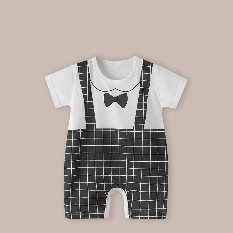 Cute Printed Baby Romper with Fake Suspender Design | Short Sleeve Newborn Outfit
