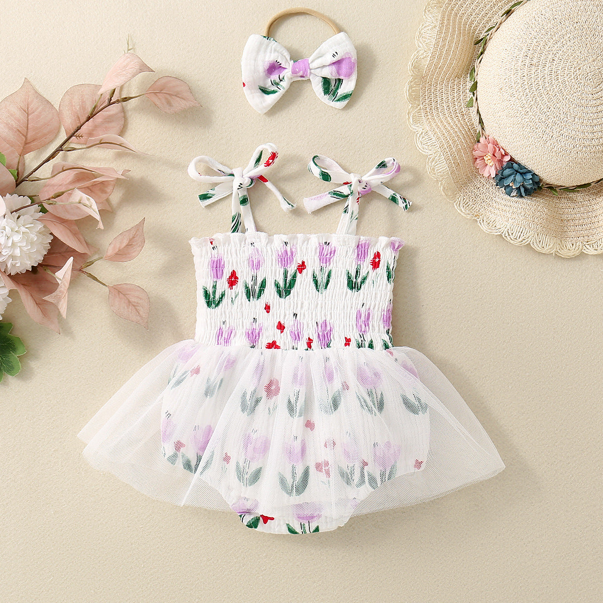 Adorable Baby Girl Floral Printed Spaghetti Strap Triangle Rompers with Tulle Skirt