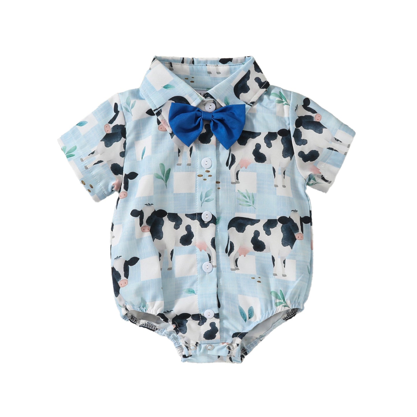Printed Short Sleeve Lapel Bow Tie Jumpsuit: Stylish Infant Fashion