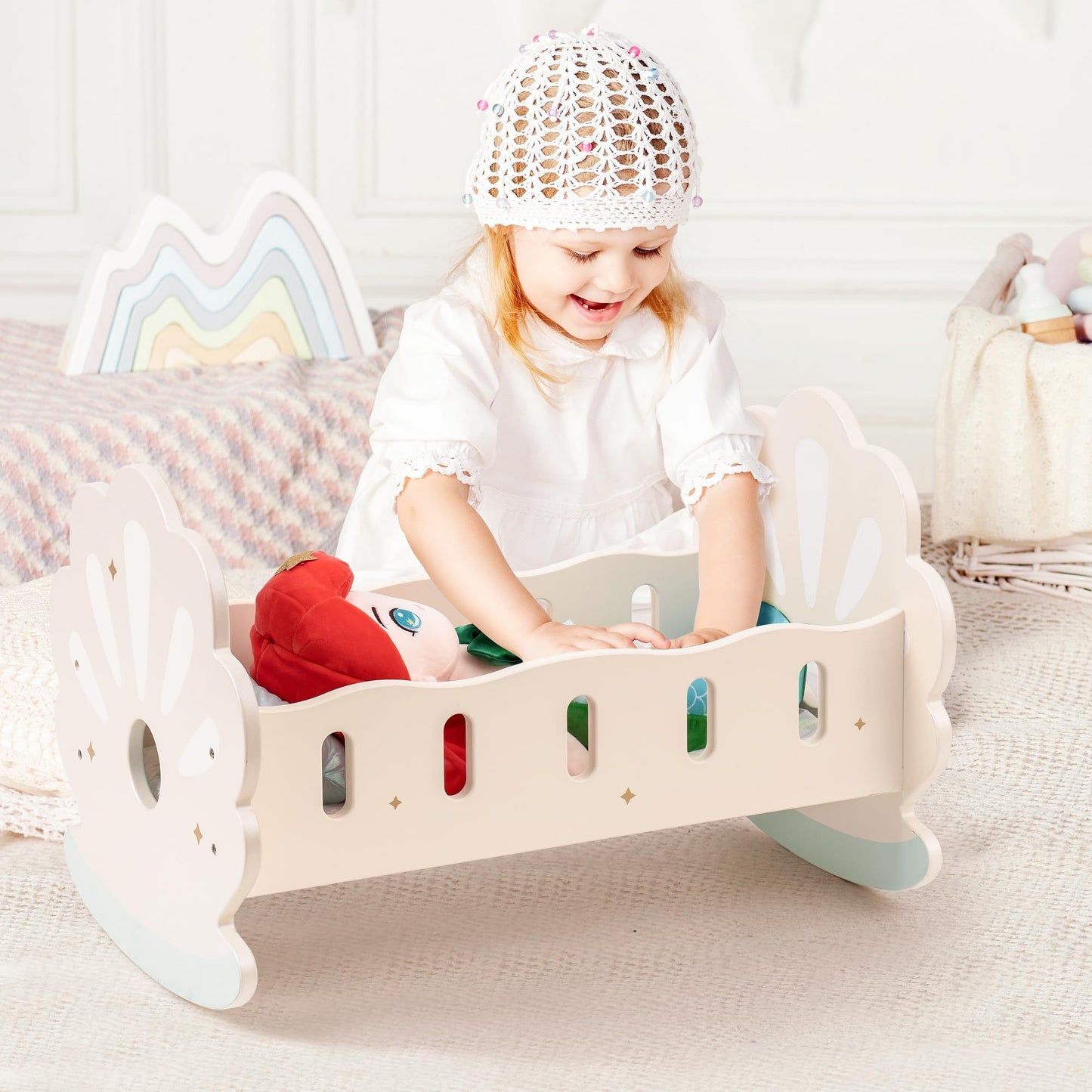 Baby Doll Crib, Baby Doll Bed, Doll Rocking Cradle Baby Doll Accessories Furniture With Bedding For 18 Inch Dolls