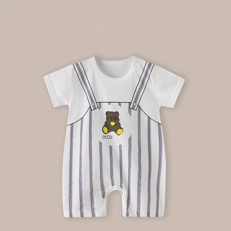 Cute Printed Baby Romper with Fake Suspender Design | Short Sleeve Newborn Outfit