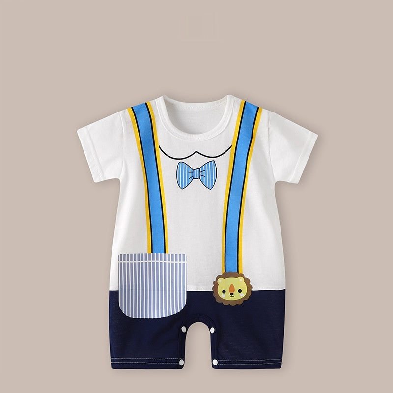 Cute Printed Baby Romper with Fake Suspender Design | Short Sleeve Newborn Outfit