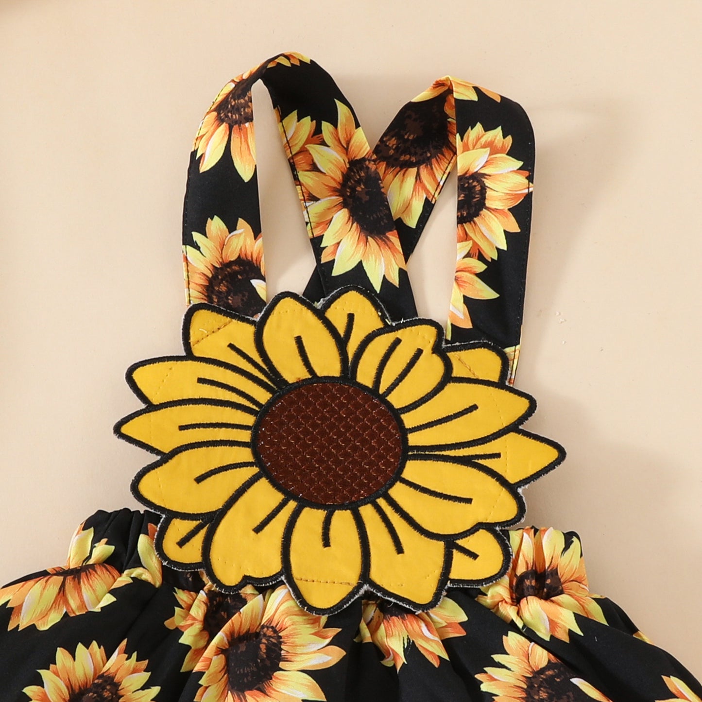 Adorable Baby Girl Sunflower Suspender Dress with Ruffled Shoulder Romper and Headband