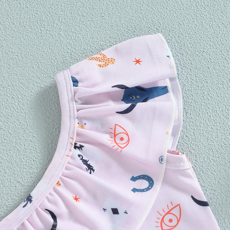 Girls One-Shoulder Bull Head Print Swimsuit