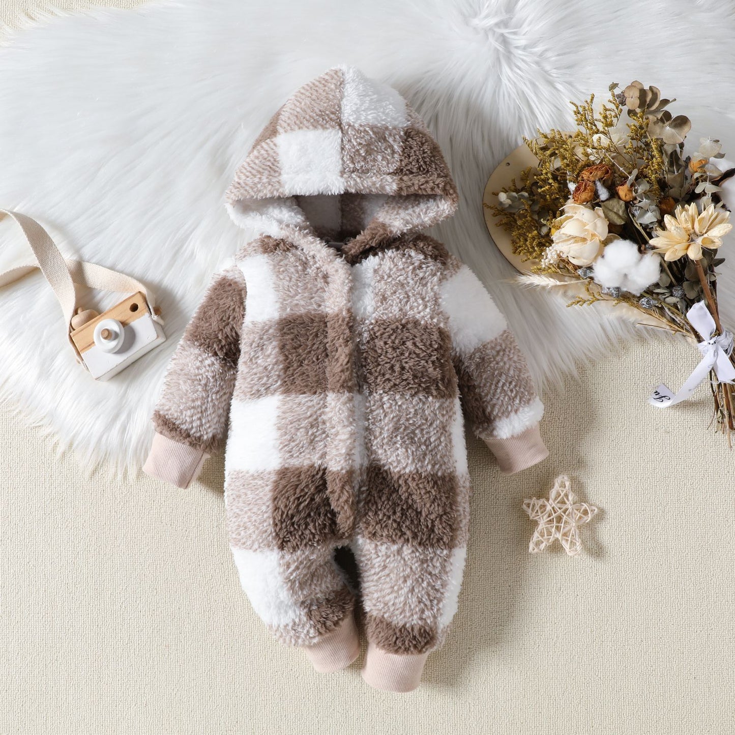 Cozy Baby Plaid Hooded One-Piece Winter Clothing Jumpsuit