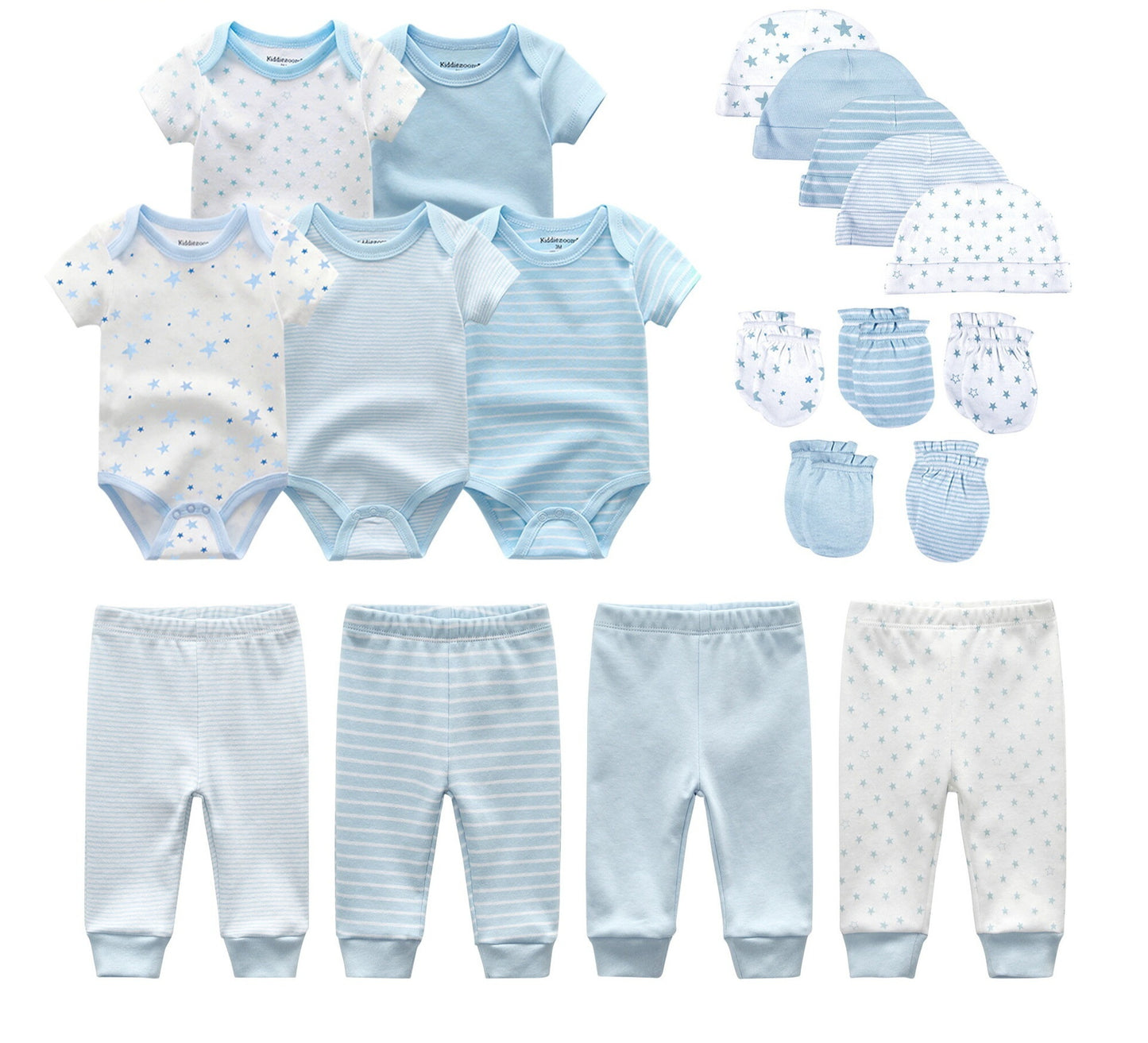 Complete 19-Piece Baby Rompers, Pants, Hat, Gloves Combination Clothes Set