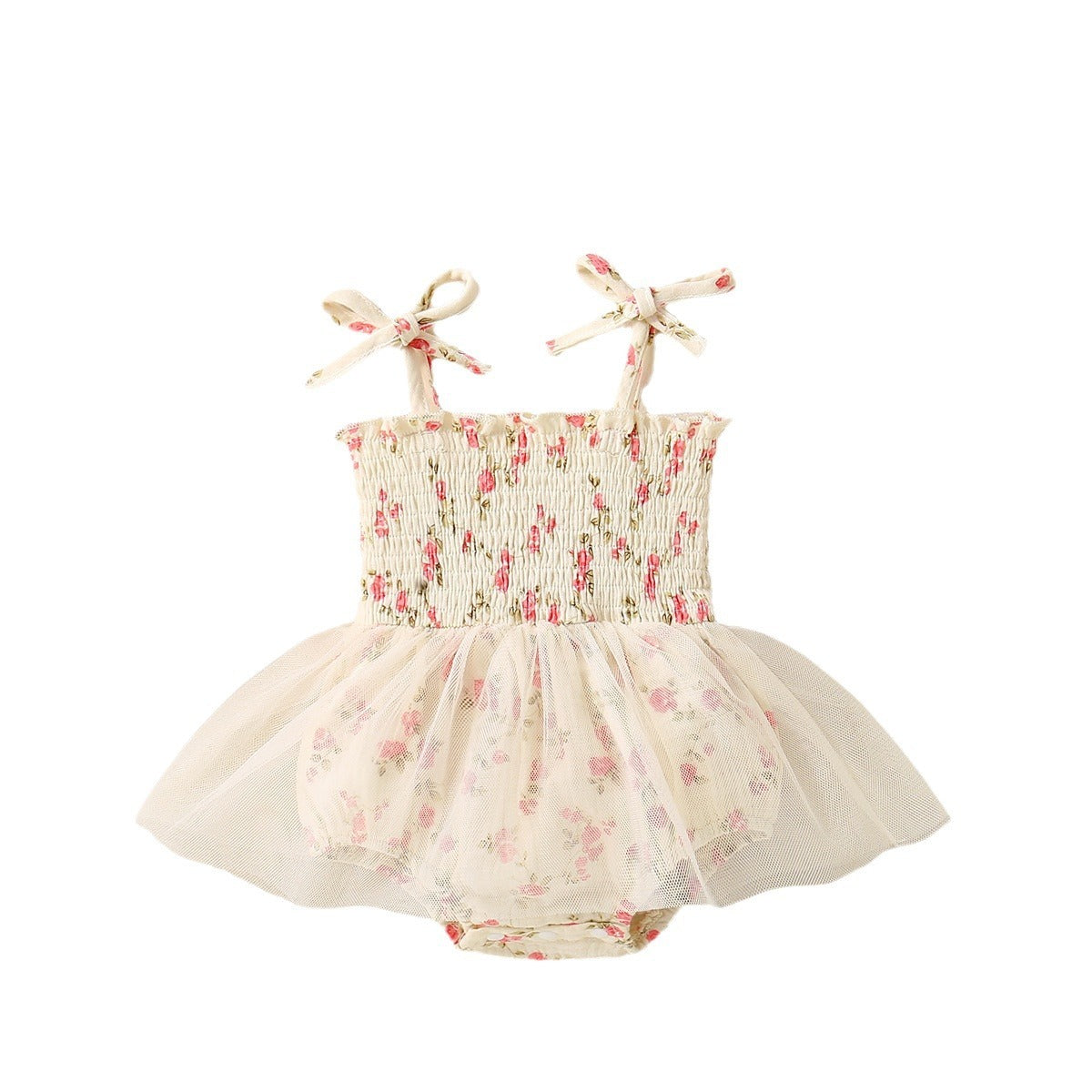 Adorable Baby Girl Floral Printed Spaghetti Strap Triangle Rompers with Tulle Skirt