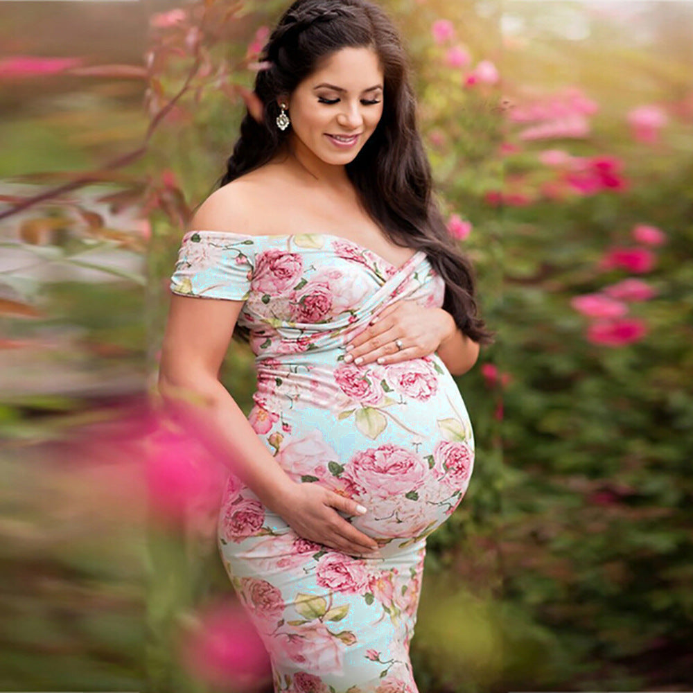 Elegant Floral Cross V-Neck Off-Shoulder Plus Size Maternity Dress