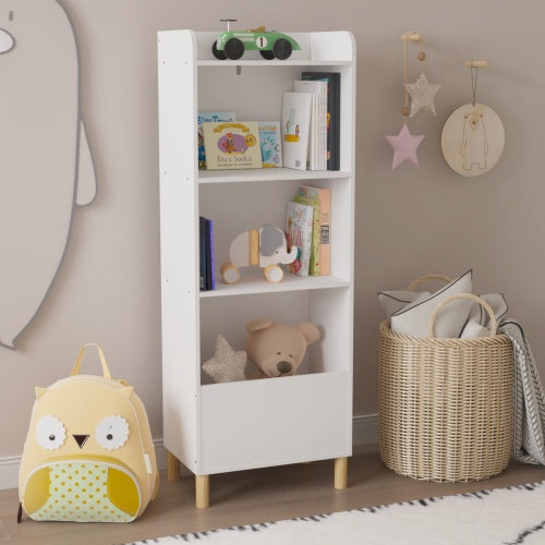 Kids 4-Tier Wooden Bookcase – Multi-Purpose Storage Shelf with Wall Safety Buckle