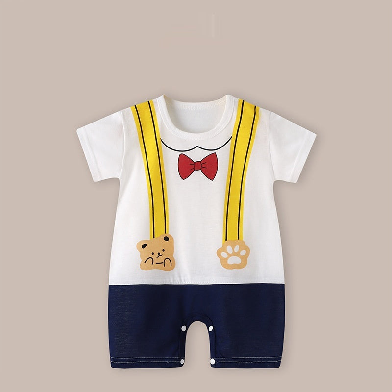 Cute Printed Baby Romper with Fake Suspender Design | Short Sleeve Newborn Outfit