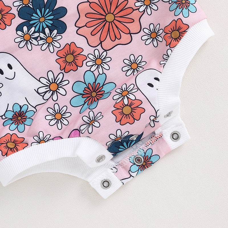 Flower and Ghost Printed Long Sleeve Baby Jumpsuit for Halloween