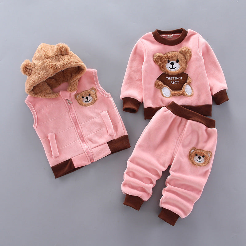 Adorable Baby Printed Hooded Sleeveless Vest Sweater and Trouser Set: Perfect for Your Little One's Comfort and Style