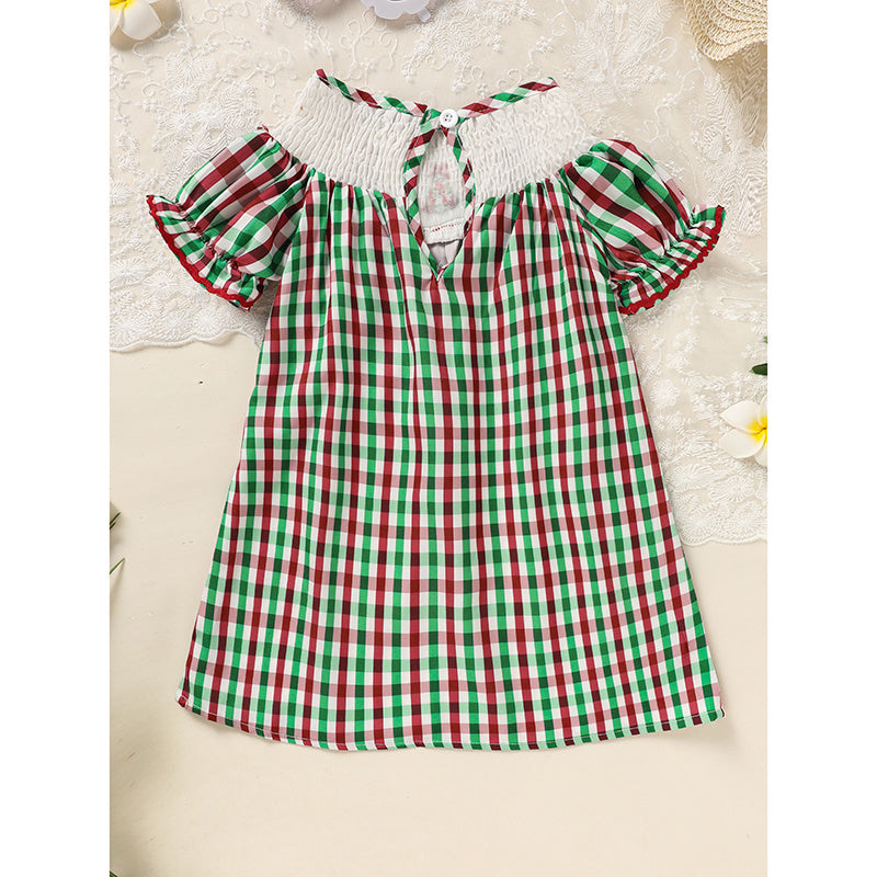 Baby & Toddler Girls Christmas Dress – Short Sleeve Plaid Party Dress with Embroidered Christmas Tree
