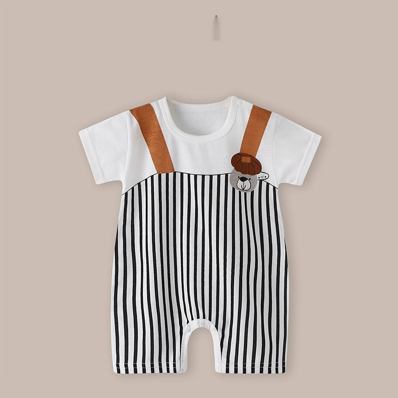 Cute Printed Baby Romper with Fake Suspender Design | Short Sleeve Newborn Outfit