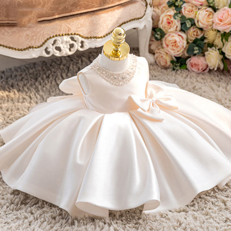 Adorable Pearl Round Neck Sleeveless Baby Gown with Bow Tie Front and Back: Perfect for Your Little One