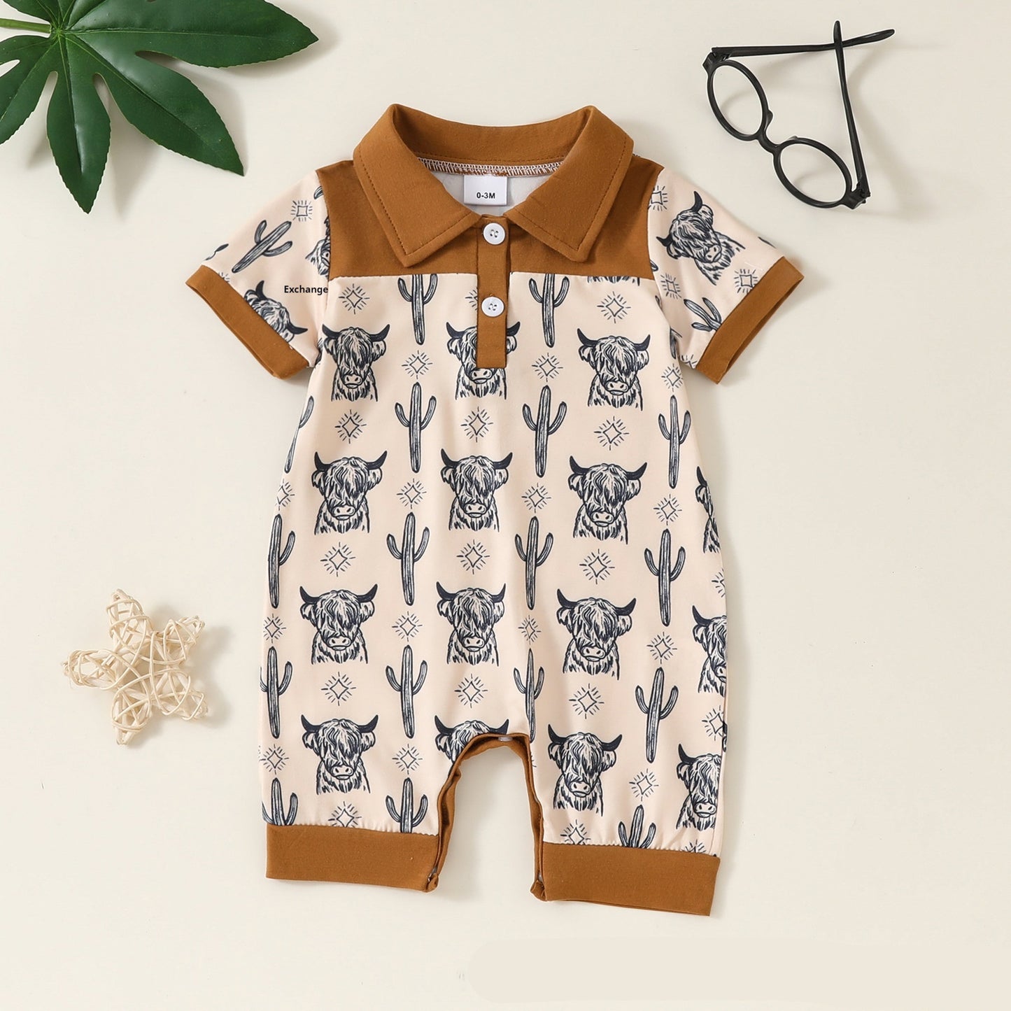 Adorable Cartoon Printed Baby Collared Pullover Short Sleeve Rompers