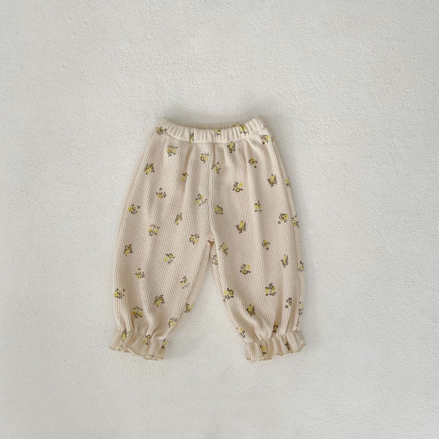 Baby Floral Waffle Print Elastic Cord Ankle-Tied Trousers