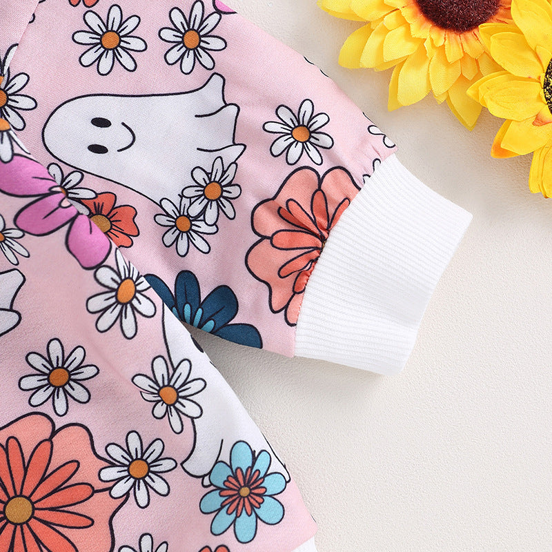Flower and Ghost Printed Long Sleeve Baby Jumpsuit for Halloween