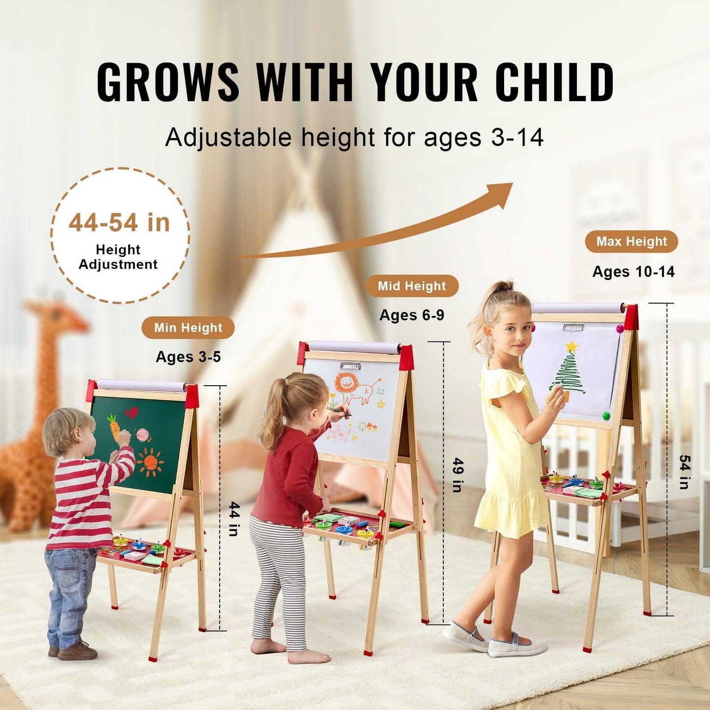 3-in-1 Kids Art Easel – Double-Sided Wooden Easel with Magnetic Whiteboard & Chalkboard