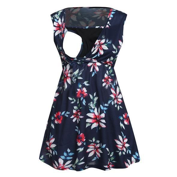 Elegant V Neck Sleeveless Floral Printed Maternity Dress - Comfortable & Stylish
