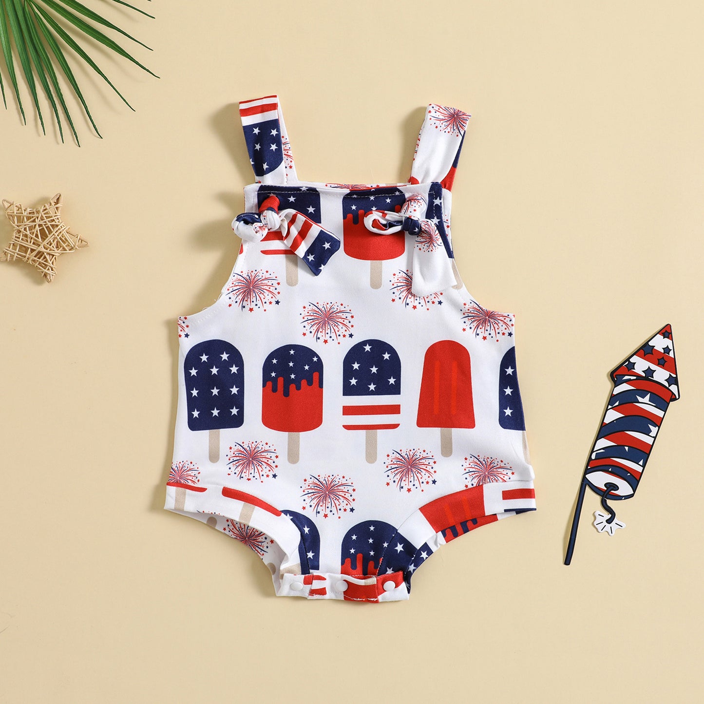 Adorable Baby Ice Cream Printed Front Knotted Suspender Romper