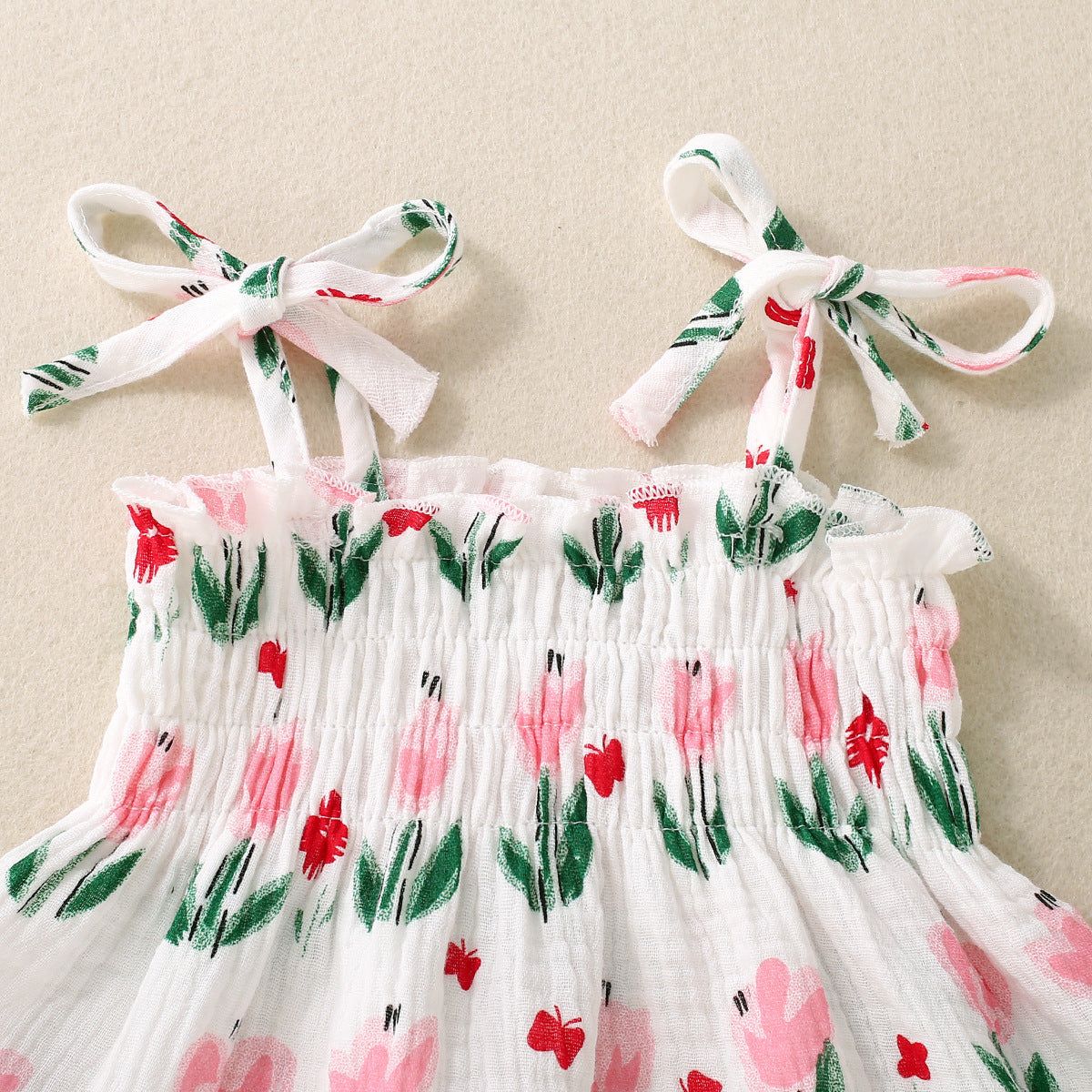 Adorable Baby Girl Floral Print Spaghetti Strap Pom Pom Lace Dress and Short Set