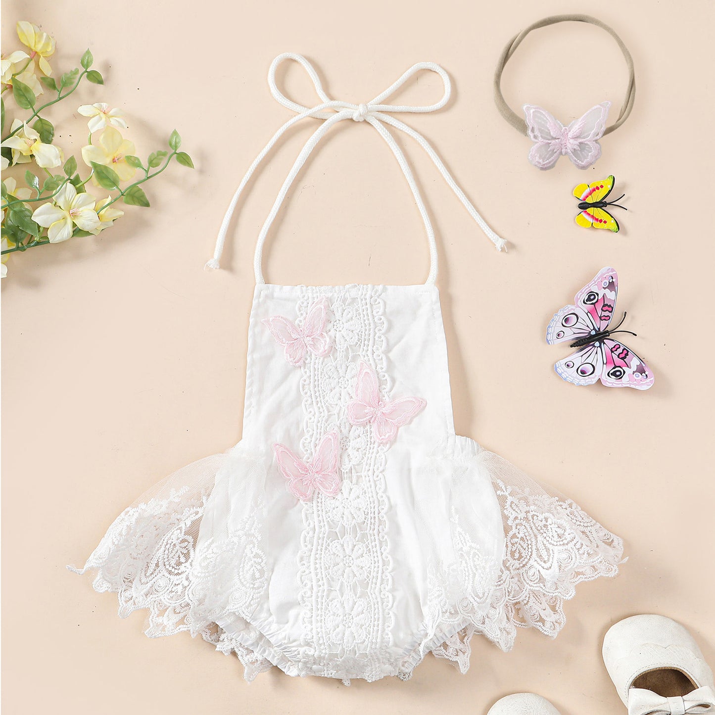 Enchanting Elegance: Girls' Butterfly Lace Spaghetti Strap Princess Dress with Headband