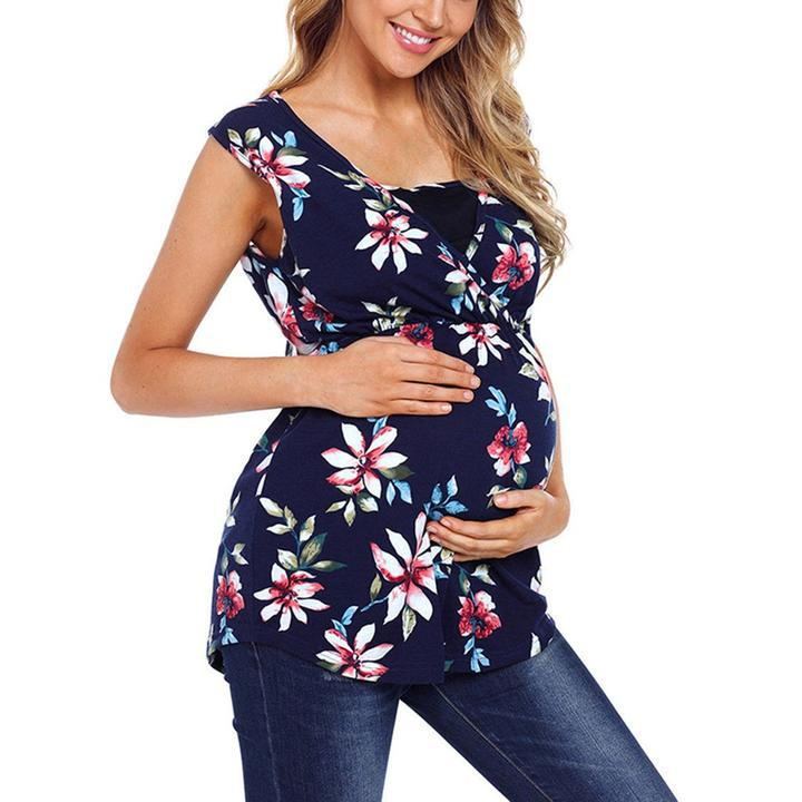 Elegant V Neck Sleeveless Floral Printed Maternity Dress - Comfortable & Stylish