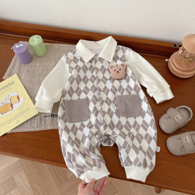 Autumn Baby Collared Jumpsuit with Bear Patch | Adorable Printed Baby Clothes
