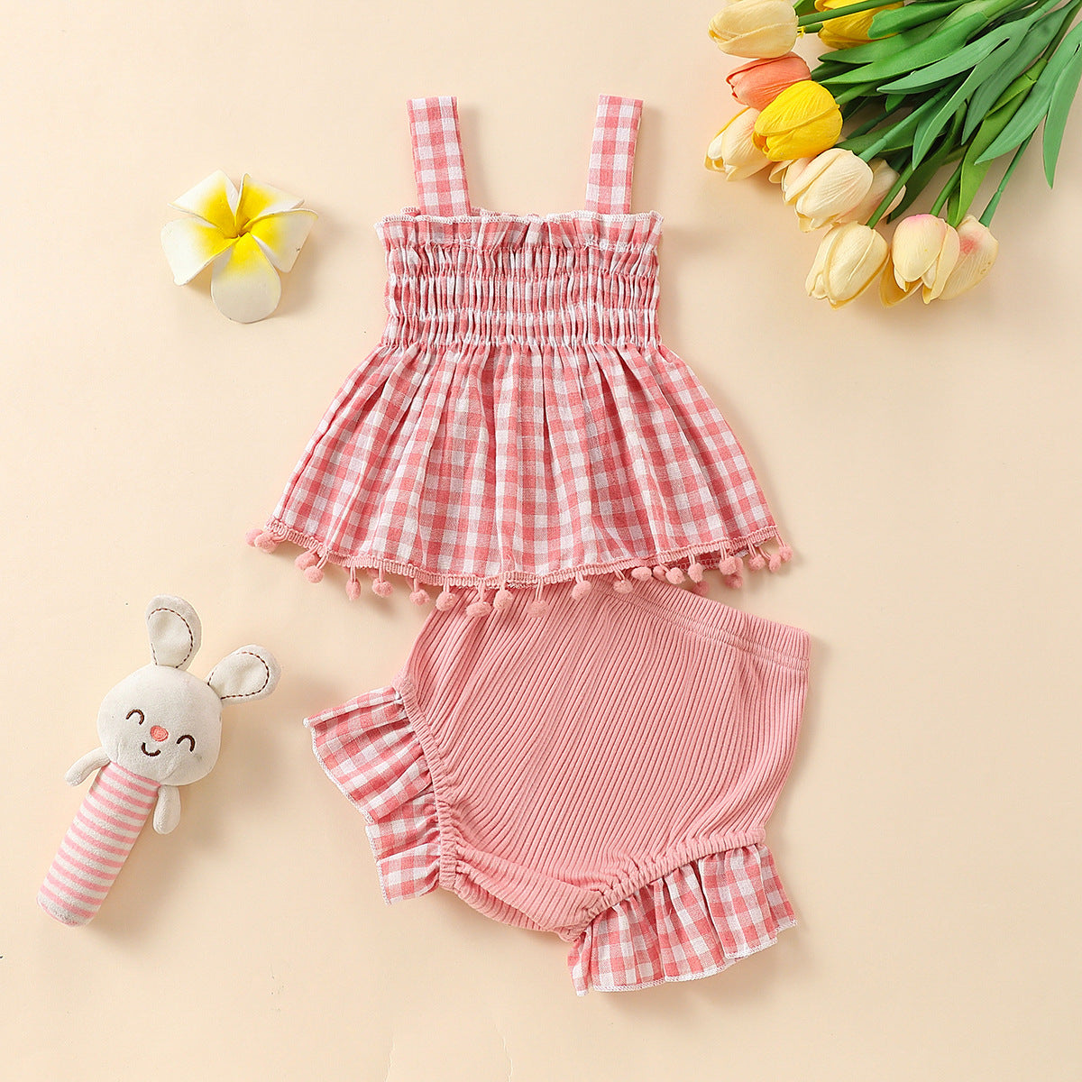 Charming Baby Girl Plaid Design Pom Pom Lace Dress and Short Set