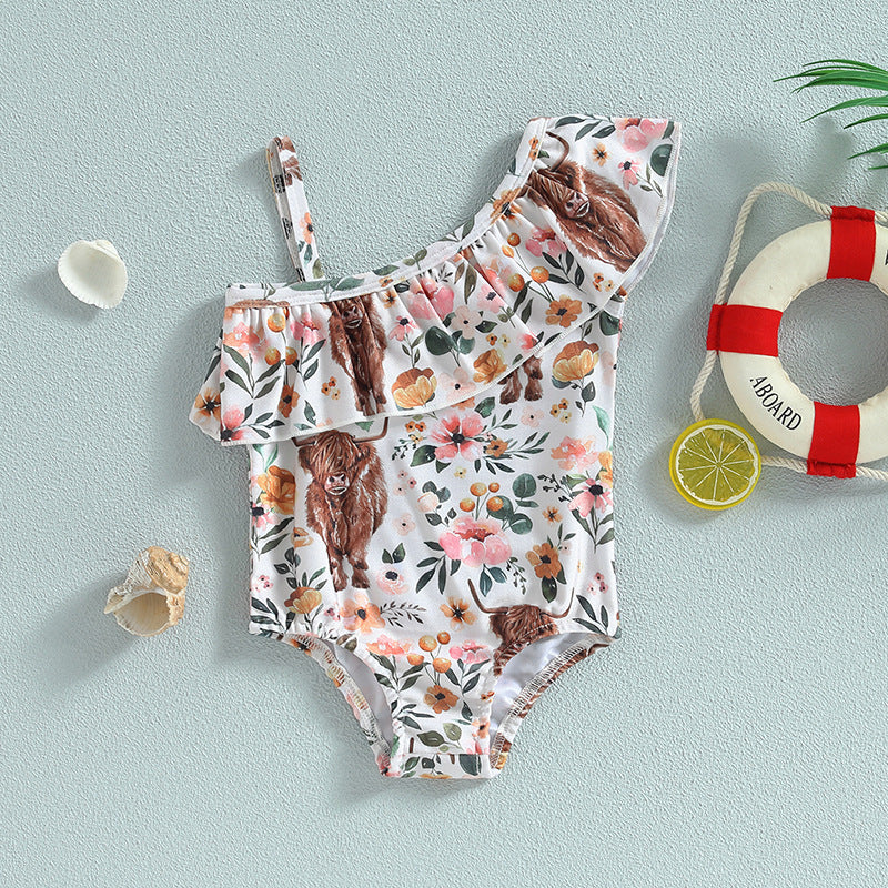 Girls One-Shoulder Bull Head Print Swimsuit