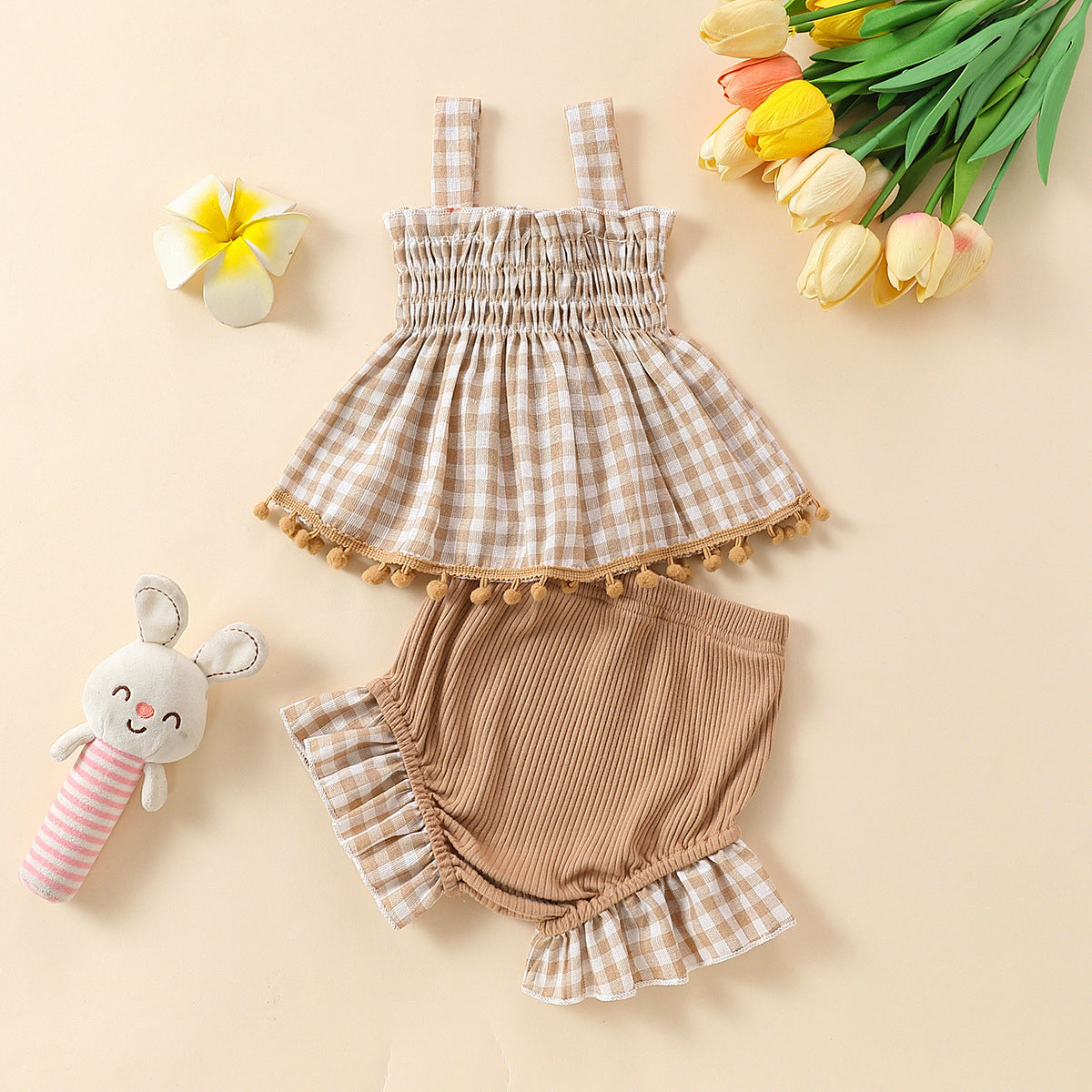 Charming Baby Girl Plaid Design Pom Pom Lace Dress and Short Set