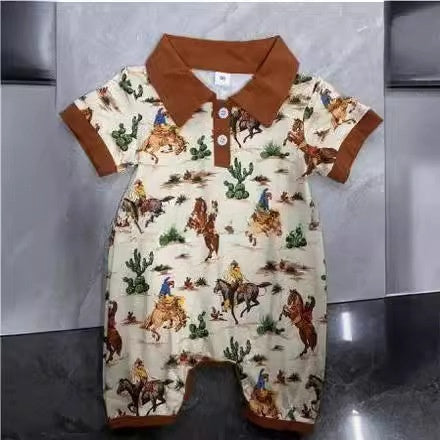 Boy's Western Element Printed Short Sleeve Rompers: Trendy and Comfortable