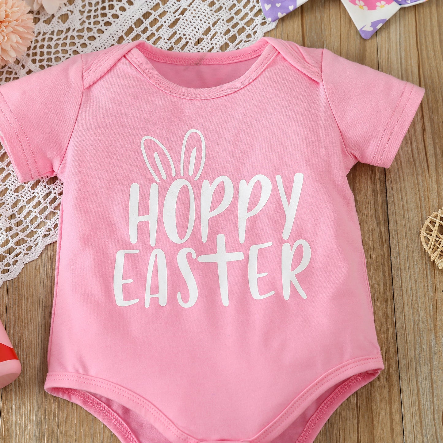 Adorable Baby Girl's Short-Sleeved Printed Romper with Colorful Skirt and Headband Set