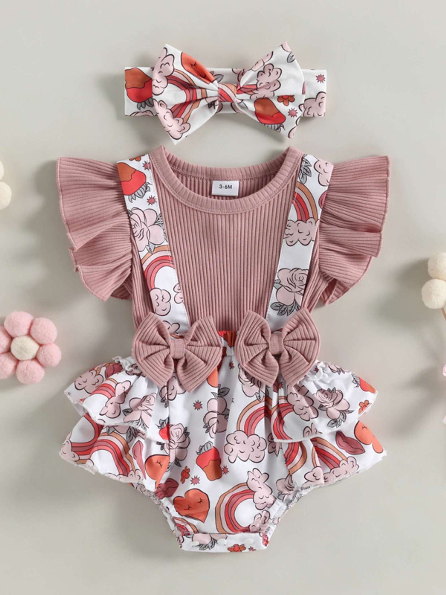 Baby Floral Ruffle Sleeve Bow Strap One-piece Romper