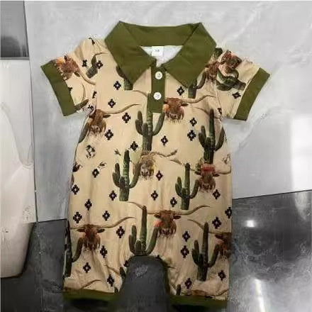 Boy's Western Element Printed Short Sleeve Rompers: Trendy and Comfortable