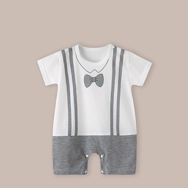 Cute Printed Baby Romper with Fake Suspender Design | Short Sleeve Newborn Outfit