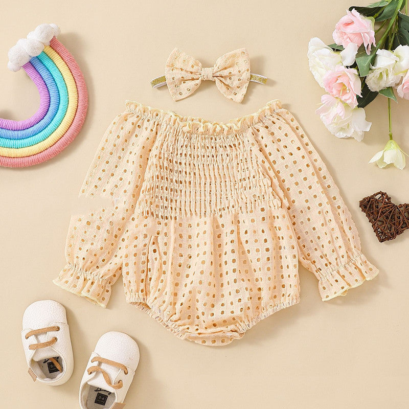 Baby Girl Cotton Mesh Smocked Off-Shoulder Long Sleeve Romper
