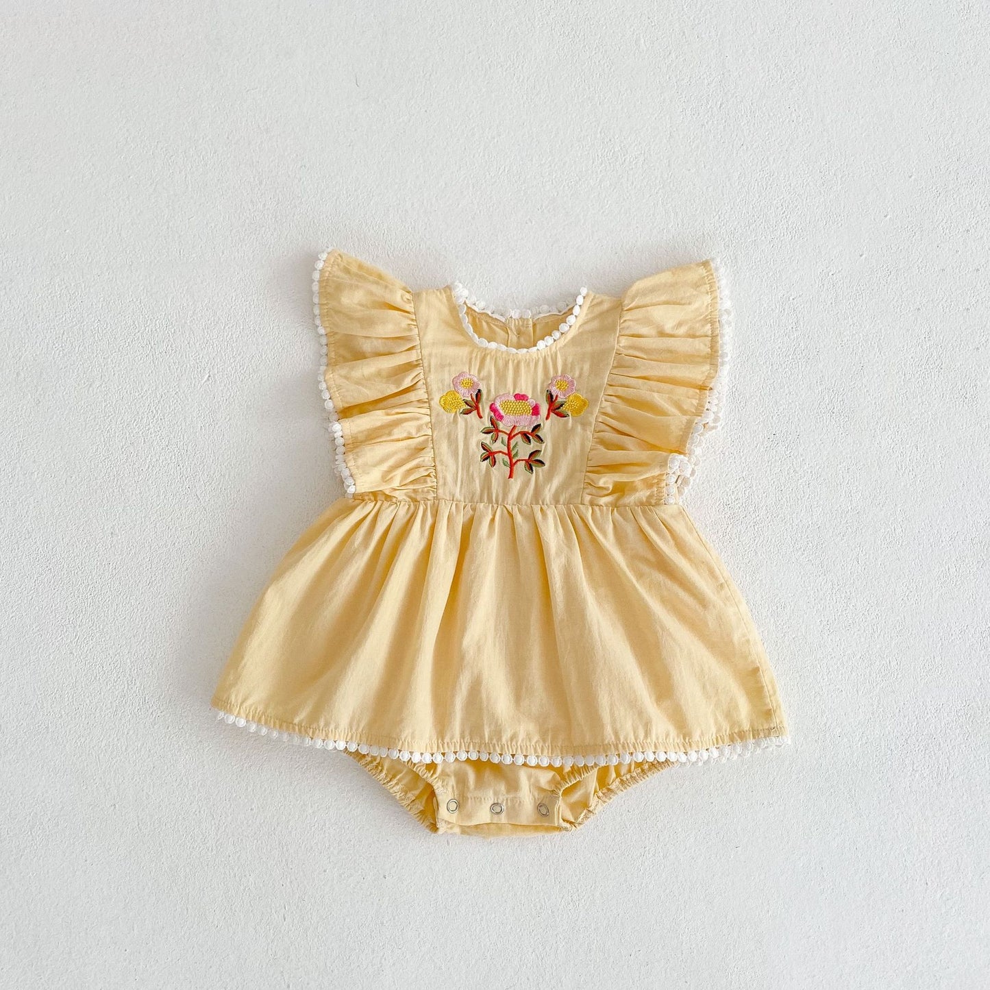 Elegant Baby Girl Embroidered Ruffled Sleeve Lace Romper - Stylish Infant Outfit