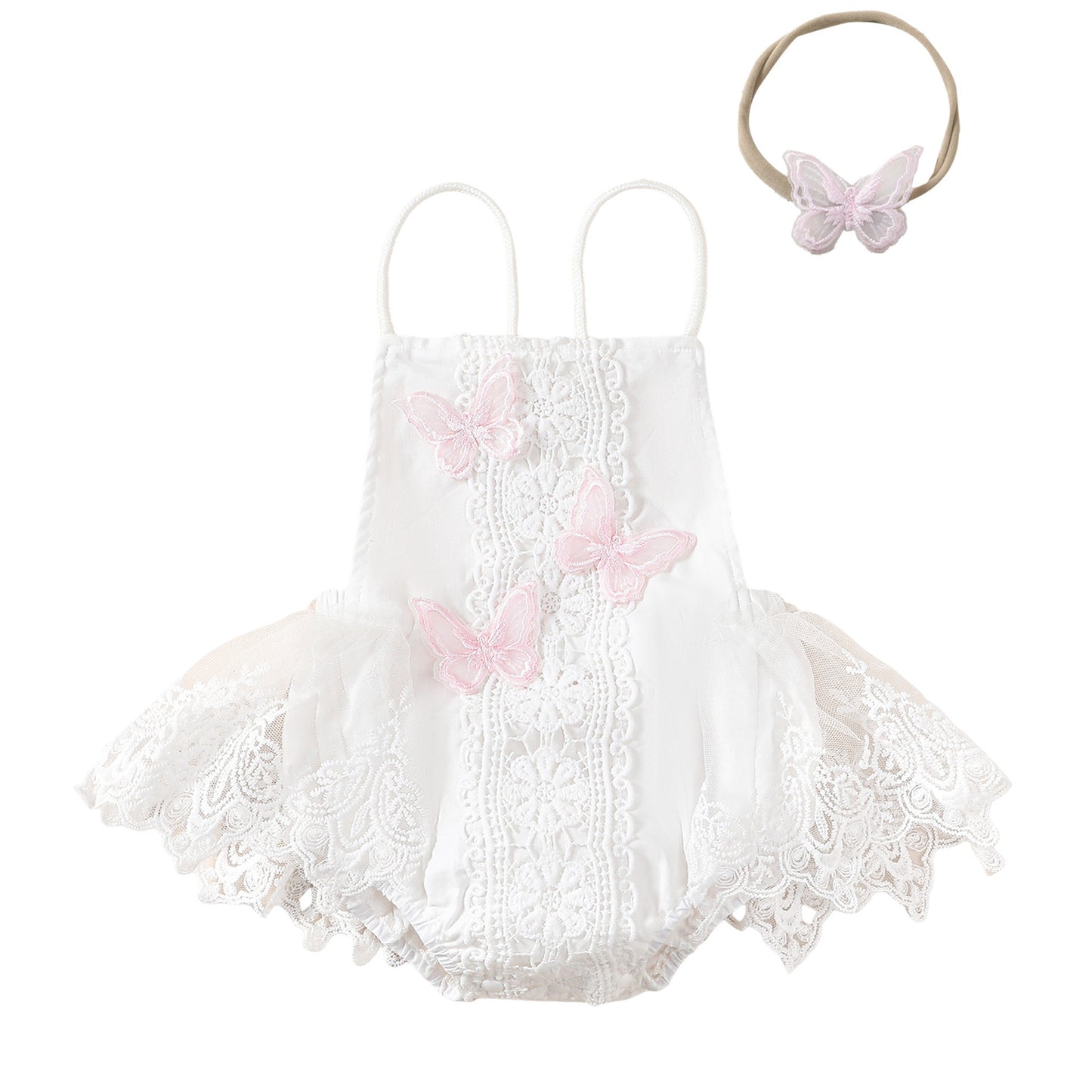 Enchanting Elegance: Girls' Butterfly Lace Spaghetti Strap Princess Dress with Headband