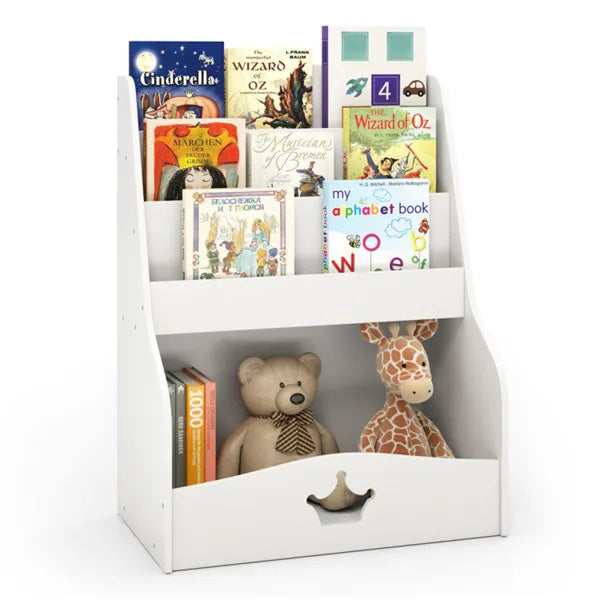 Kids 3-Tier Bookshelf & Toy Storage – White Shelf with Hidden Back Compartment
