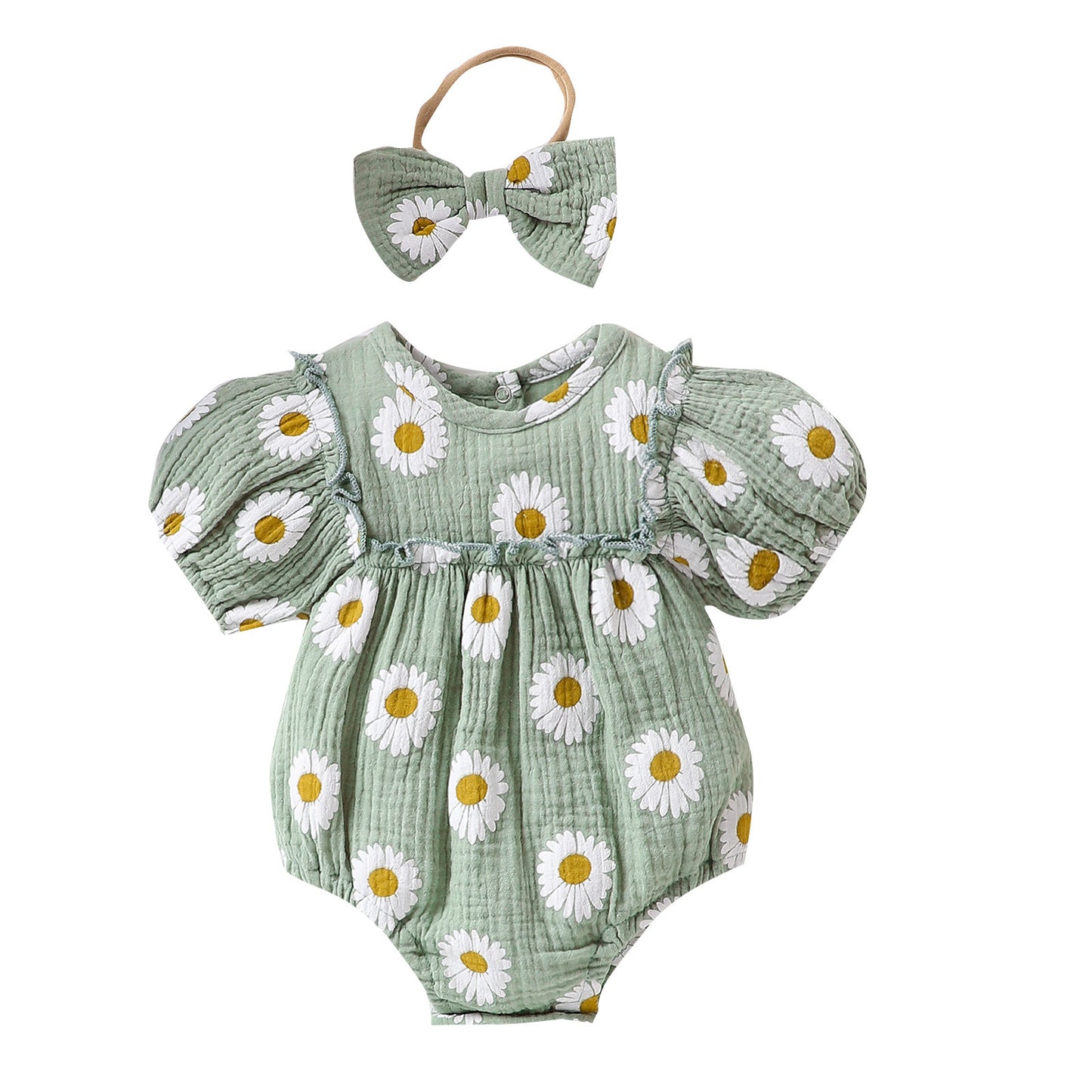 Summer Baby Girl Floral Puff Sleeve Romper Set with Headband | Adorable Prints