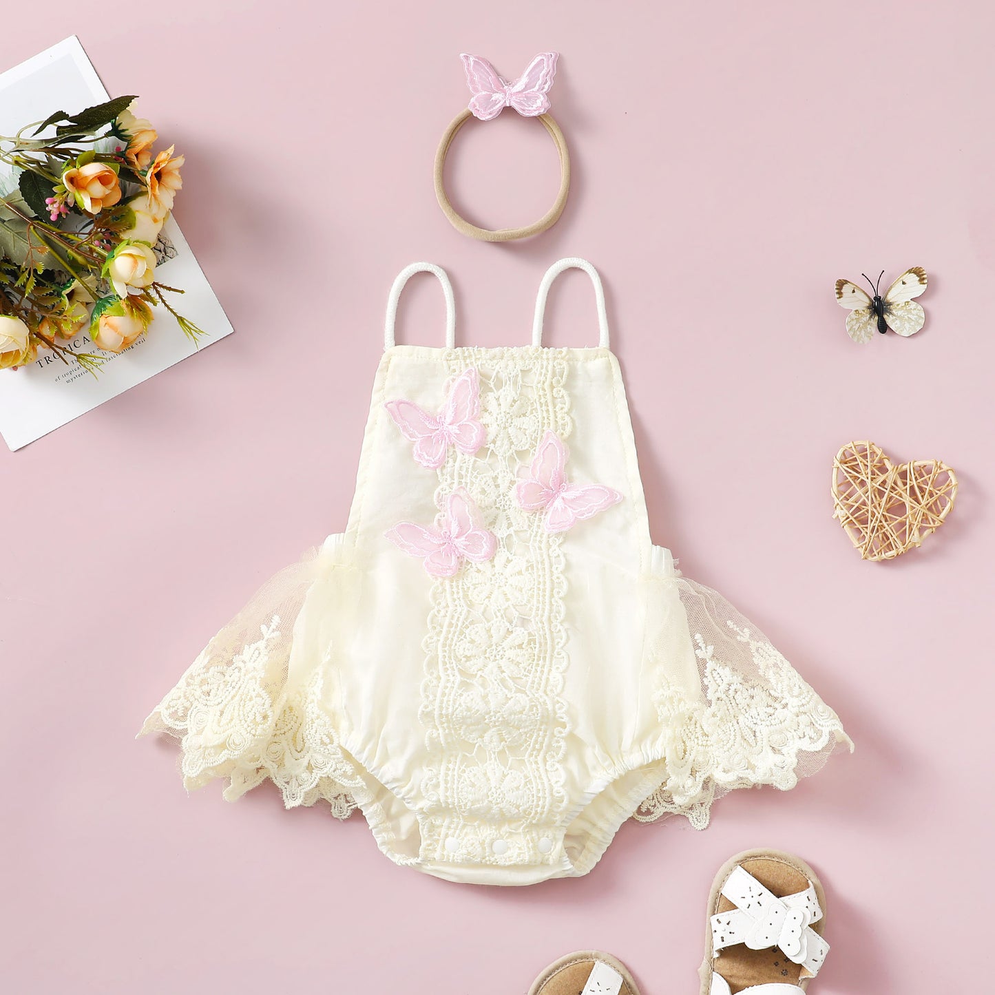 Enchanting Elegance: Girls' Butterfly Lace Spaghetti Strap Princess Dress with Headband
