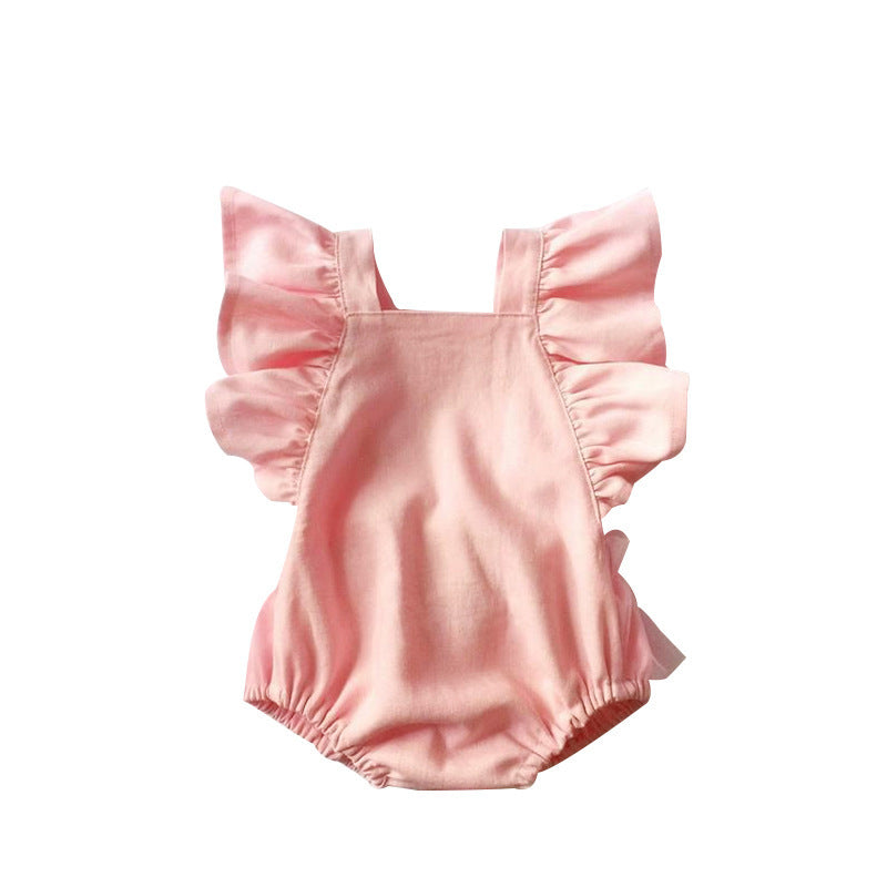 Adorable Pure Color Mesh Ruffled Sleeve Bowknot Baby Romper for Stylish Comfort