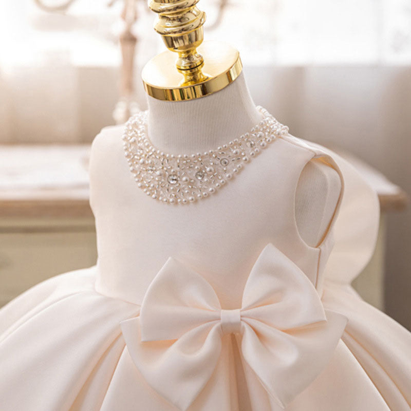 Adorable Pearl Round Neck Sleeveless Baby Gown with Bow Tie Front and Back: Perfect for Your Little One