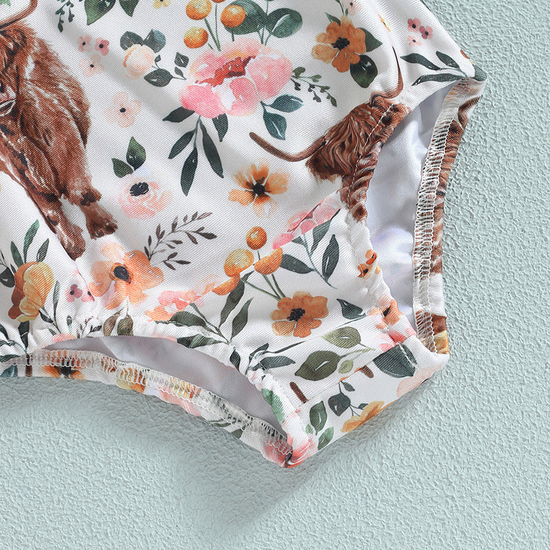 Girls One-Shoulder Bull Head Print Swimsuit