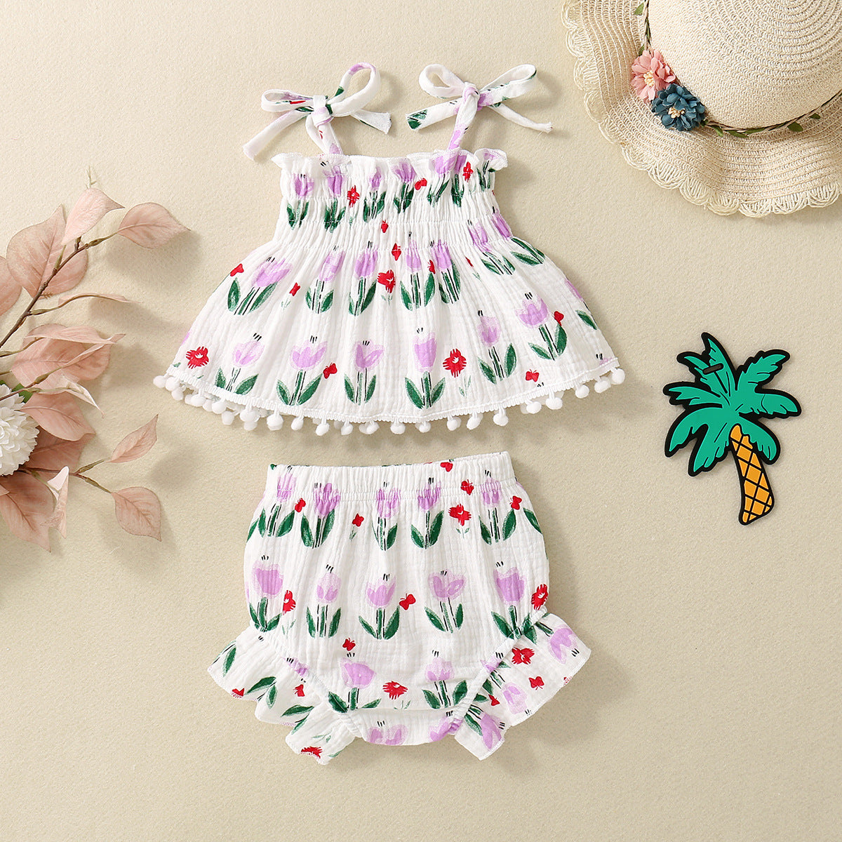 Adorable Baby Girl Floral Print Spaghetti Strap Pom Pom Lace Dress and Short Set