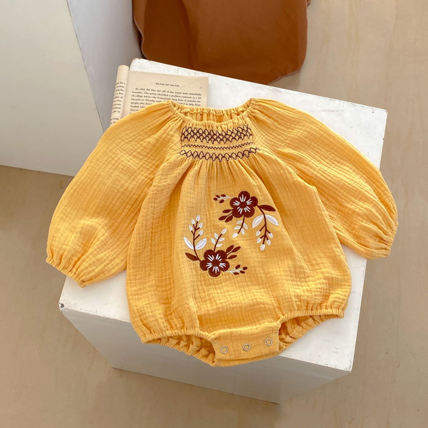 Double Wrinkle Cotton Long-Sleeve Jumpsuit Romper with Hat - Cozy and Stylish