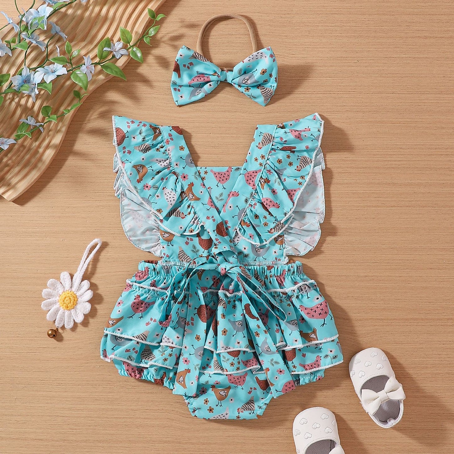 Adorable Baby Cartoon Chicken Flounced Sleeve Dress – Perfect for Toddlers!